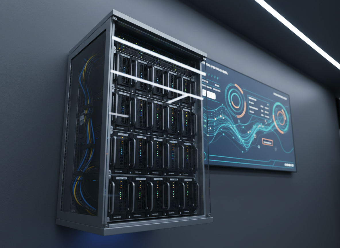 A row of black, hot-swappable server drives and network switches in a compact, glass-fronted rack, glowing with small status LEDs, representing robust e-commerce infrastructure. The rack stands against a matte charcoal wall in a minimalist tech operations room, with neatly routed cables and a nearby wall-mounted display showing an abstract uptime and performance dashboard. Cool, diffused overhead LED lighting and a faint blue accent light from below create a calm, reliable feeling. Photographic realism, low-angle three-quarter perspective, sharp focus with subtle background blur. The overall mood is stable, secure, and built for scaling online stores without downtime or bottlenecks.