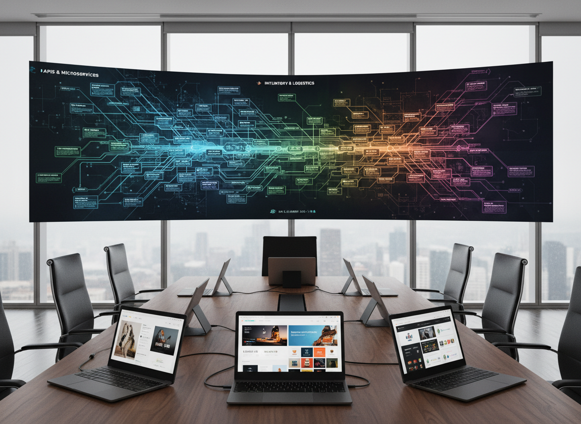 A large, wall-mounted ultra-wide display filled with an intricate visual map of an e-commerce architecture: abstract nodes and connecting lines representing APIs, payment gateways, inventory systems, and fulfillment flows, all color-coded and cleanly designed. Below, a long walnut table holds open laptops and tablets showcasing different storefront designs. The room has floor-to-ceiling windows revealing a blurred city skyline, with soft overcast daylight gently illuminating the scene. Photographic realism, shot from a slightly elevated, wide-angle viewpoint with strong depth of field. The atmosphere is strategic and forward-looking, highlighting the complexity and flexibility of bespoke e-commerce builds beyond typical hosted platforms.