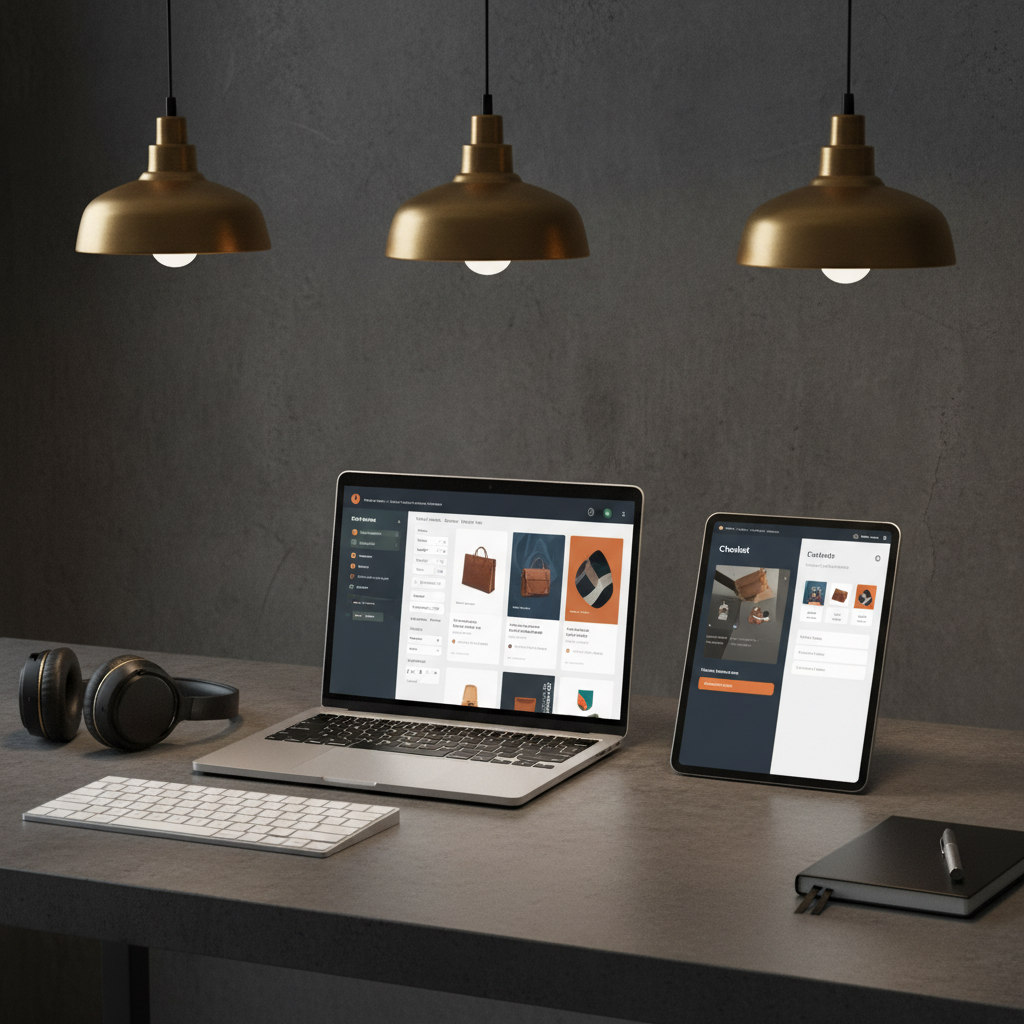 A clean, modern product grid displayed on a laptop and tablet side by side, each screen showing different views of the same flexible e-commerce storefront: customizable product cards, filter controls, and a streamlined checkout flow. They rest on a dark, textured concrete desk with a few minimal tech objects: a wireless keyboard, noise-canceling headphones, and a slim notebook. Overhead warm pendant lighting creates soft pools of light and subtle reflections on the device edges. Photographic realism, shot from a slightly elevated angle using rule-of-thirds composition. The atmosphere feels efficient, sophisticated, and focused on tailored alternatives to generic Shopify-style stores.